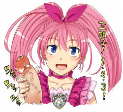 Rule 34 | 10s, 1girl, blue eyes, bow, censored, cure melody, denki showgun, eyelashes, handjob, hetero, houjou hibiki, magical girl, penis, pink bow, pink hair, ponytail, precure, solo focus, suite precure, twintails