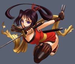Rule 34 | 1girl, bad id, bad pixiv id, black hair, breasts, cleavage, fingerless gloves, gloves, janome gochou, kunai, large breasts, long hair, ninja, ponytail, purple eyes, scarf, solo, sword, thigh strap, thighhighs, weapon
