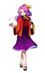 Rule 34 | 1girl, commentary, english commentary, folded fan, folding fan, full body, geta, hair ribbon, hand fan, highres, holding, holding fan, komakusa sannyo, long hair, long sleeves, looking at viewer, ponytail, purple hair, purple skirt, red eyes, red shirt, ribbon, shirt, skirt, smile, solo, speckticuls, standing, touhou, transparent background, unconnected marketeers, wide sleeves, yellow ribbon
