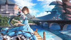 Rule 34 | 1girl, blurry, breasts, bridge, brown eyes, brown hair, building, city, cliff, cloud, day, depth of field, dock, dress, fantasy, hairband, highres, long hair, looking at viewer, looking back, mansion, original, outdoors, outstretched arms, reflection, river, running, saraki, scenery, signature, sky, small breasts, solo, tree, underbust