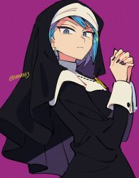 Rule 34 | 1girl, ace attorney, black nails, black robe, blue eyes, blue hair, catholic, cowboy shot, cross, cross necklace, earrings, franziska von karma, habit, hands up, highres, jewelry, long sleeves, looking at viewer, mole, mole under eye, necklace, nono (norabi), nun, own hands together, purple background, robe, short hair, simple background, solo, standing, traditional nun, twitter username