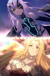 Rule 34 | 2girls, aurora (fate), bare shoulders, black panties, blonde hair, blood, blue sky, body markings, breasts, brown eyes, butterfly wings, character name, cleavage, collarbone, dress, echo (circa), fairy, fate/grand order, fate (series), forked eyebrows, insect wings, large breasts, long hair, melusine (fate), melusine (third ascension) (fate), multiple girls, panties, parted bangs, revealing clothes, sidelocks, sky, small breasts, smile, underwear, very long hair, white dress, white hair, wings