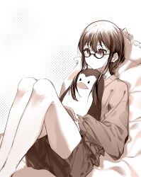 Rule 34 | 1girl, absurdres, chinese commentary, closed mouth, commentary request, dkl (dinosaurkl2), glasses, highres, hugging object, inoue takina, long sleeves, lycoris recoil, monochrome, pillow, shorts, sidelocks, sitting, solo, sweater