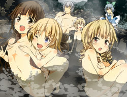 Rule 34 | 1boy, 5girls, alcohol, bare shoulders, blonde hair, blue eyes, blue hair, blush, bow, breasts, brown eyes, brown hair, child, cirno, covering breasts, covering privates, dress, drill hair, drinking, eichi (0903275), flat chest, grabbing, grabbing another&#039;s breast, groin, hair bow, kirisame marisa, long hair, luna child, mixed-sex bathing, morichika rinnosuke, multiple girls, no headwear, nude, one eye closed, onsen, open mouth, pout, red eyes, ribbon, sake, shared bathing, short hair, silver hair, star sapphire, sunny milk, touhou, towel, towel on head, water, wink