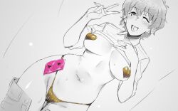 Rule 34 | 1girl, akiyama yoshiko, blush, cameltoe, commentary request, condom, condom wrapper, dutch angle, em (totsuzen no hakike), girls und panzer, jewelry, looking at viewer, navel, one eye closed, pasties, piercing, ring, short hair, spot color, sweat, tareme, thigh gap, tongue piercing, undressing, v, wavy hair, wide hips