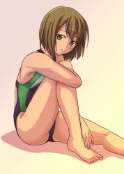 Rule 34 | armpits, barefoot, brown eyes, brown hair, competition swimsuit, e20, feet, one-piece swimsuit, short hair, sitting, swimsuit