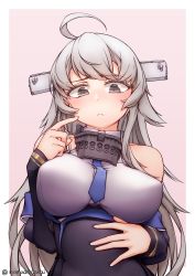 Rule 34 | 1girl, :&lt;, ahoge, blush, breasts, closed mouth, grey eyes, grey hair, hand on own stomach, headgear, highres, kantai collection, large breasts, long hair, long sleeves, looking at viewer, namaata, off shoulder, shirt, simple background, sleeveless, sleeveless shirt, solo, twitter username, two-tone background, washington (kancolle), white shirt
