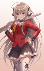 Rule 34 | 1girl, aiguillette, amagi brilliant park, antenna hair, black ribbon, black skirt, bow, breasts, brown hair, buttons, closed mouth, coat, cowboy shot, frilled skirt, frills, gun, hair bow, hair intakes, hand on own hip, highres, holding, holding gun, holding weapon, leg ribbon, long hair, long sleeves, looking at viewer, musket, neck ribbon, over shoulder, pleated skirt, ponytail, red coat, ribbon, ribbon-trimmed thighhighs, ribbon trim, sento isuzu, seungju lee, simple background, skirt, sleeve cuffs, solo, thigh ribbon, thighhighs, uniform, very long hair, weapon, weapon over shoulder, white ribbon, white thighhighs, yellow eyes