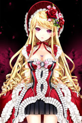 Rule 34 | 1girl, blonde hair, bonnet, bow, breasts, cinia pacifica, cleavage, clothes lift, cocoon (loveririn), collarbone, dress, dress lift, drill hair, flower, frilled dress, frills, hair flower, hair ornament, head tilt, long hair, lowres, medium breasts, petals, pleated skirt, red eyes, ribbon, rose, skirt, sleeveless, solo, swept bangs, sword girls, too many