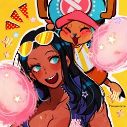 Rule 34 | 1boy, 1girl, ^ ^, absurdres, antlers, artist name, blue eyes, blue shirt, blush, close-up, closed eyes, commentary, cotton candy, cross, english commentary, eyewear on head, food, hair slicked back, hat, highres, holding, holding food, horns, huyandere, long hair, looking at another, nico robin, notice lines, one piece, open mouth, reindeer antlers, shirt, sidelocks, star (symbol), striped clothes, striped shirt, tony tony chopper, vertical-striped clothes, vertical-striped shirt, yellow background