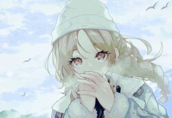 Rule 34 | 1girl, beanie, bird, braid, breath, covered mouth, fur-trimmed jacket, fur trim, geema-geema, hat, ichikawa hinana, idolmaster, idolmaster shiny colors, jacket, light brown hair, looking at viewer, outdoors, own hands together, silhouette, solo, twin braids, upper body
