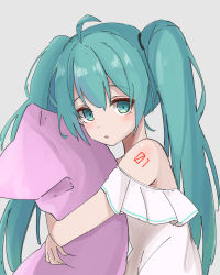 Rule 34 | 1girl, ahoge, aqua eyes, aqua hair, bare shoulders, commentary, expressionless, from side, grey background, hair tie, hatsune miku, highres, long hair, looking at viewer, maud0239, hugging object, off-shoulder shirt, off shoulder, parted lips, pillow, pleated sleeves, shirt, shoulder tattoo, solo, tattoo, twintails, upper body, very long hair, vocaloid, white shirt