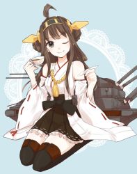 Rule 34 | 10s, 1girl, blue eyes, brown hair, cup, hairband, japanese clothes, kantai collection, kongou (kancolle), long hair, niimura (csnel), nontraditional miko, one eye closed, solo, teacup