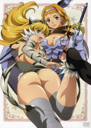 Rule 34 | 2girls, absurdres, armor, ass, bandages, blonde hair, blue eyes, braid, breasts, buckle, captain of the royal guard elina, cleavage, cover, detached sleeves, elina (queen&#039;s blade), elina (queen's blade), exiled warrior leina, fang, feet, hairband, highres, huge ass, large breasts, legs, leina (queen&#039;s blade), leina (queen's blade), long hair, looking back, multiple girls, non-web source, open mouth, queen&#039;s blade, rin-sin, short hair, siblings, sideboob, sisters, sword, thick thighs, thighs, very long hair, weapon