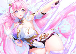 Rule 34 | 1girl, armpits, bare shoulders, breasts, dress, elf, elysia (herrscher of human:ego) (honkai impact), elysia (honkai impact), gloves, hair ornament, highres, honkai (series), honkai impact 3rd, large breasts, long hair, looking at viewer, open mouth, outstretched arm, petals, pink eyes, pink hair, pointy ears, sleeveless, sleeveless dress, solo, white dress, white gloves, xfate