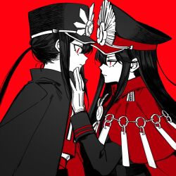 Rule 34 | 1boy, 1girl, black hair, brother and sister, cape, crest, facing another, family crest, fate/grand order, fate (series), hands on another&#039;s face, hat, highres, medallion, military hat, oda nobukatsu (fate), oda nobunaga (fate), oda uri, peaked cap, ponytail, red background, red cape, red eyes, sempon (doppio note), siblings, sidelocks, simple background, trap