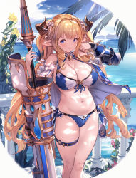 Rule 34 | 1girl, 3:, alternate costume, alternate hairstyle, armor, bikini, blonde hair, blue bikini, blue eyes, blue sky, blush, braid, breasts, cleavage, closed mouth, cloud, day, draph, drill hair, flower, frills, front-tie bikini top, front-tie top, granblue fantasy, gunlance, hairband, highres, holding, holding weapon, horns, lance, large breasts, lips, long hair, looking at viewer, navel, ocean, outdoors, palm tree, pointy ears, polearm, razia, ribbon, side-tie bikini bottom, skindentation, sky, solo, standing, swimsuit, thigh strap, tree, twin braids, twintails, u jie, v-shaped eyebrows, very long hair, water, weapon, white ribbon