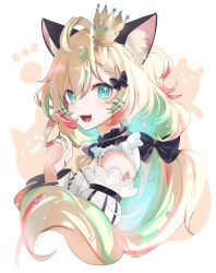 Rule 34 | 1girl, ahoge, animal ear fluff, animal ears, aqua eyes, black bow, blonde hair, bow, braid, breasts, cat ears, colored inner hair, commentary, crown, detached sleeves, dress, english commentary, green hair, hair between eyes, hair bow, highres, kgr, long hair, looking at viewer, millie parfait, millie parfait (2nd costume), multicolored hair, nijisanji, nijisanji en, official alternate costume, open hand, open mouth, small breasts, smile, solo, streaked hair, very long hair, virtual youtuber, white dress