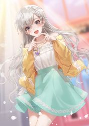 Rule 34 | 1girl, :d, absurdres, aqua skirt, blush, dress, earrings, green eyes, grey hair, heart, heart hands, heart necklace, highres, hisakawa hayate, idolmaster, idolmaster cinderella girls, idolmaster cinderella girls starlight stage, jewelry, long hair, looking at viewer, necklace, open mouth, petals, skirt, smile, solo, sowb, standing, thighs, white hair