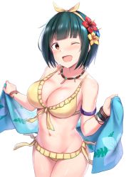 Rule 34 | 1girl, ;d, bikini, blunt bangs, bracelet, breasts, brown eyes, cai geng, cleavage, flower, green hair, hair flower, hair ornament, hairband, idolmaster, idolmaster (classic), jewelry, large breasts, looking at viewer, navel, necklace, one eye closed, open mouth, otonashi kotori, short hair, simple background, smile, solo, swimsuit, white background, yellow bikini, yellow hairband