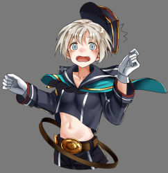 Rule 34 | 10s, 1girl, ^^^, alternate costume, belt, blush, breasts, caplet, commentary request, gloves, grey background, hat, kantai collection, long sleeves, looking at viewer, military, military uniform, navel, open mouth, ruisento, sailor collar, sailor hat, short hair, shorts, simple background, small breasts, solo, surprised, uniform, white gloves, white hair, z1 leberecht maass (kancolle)