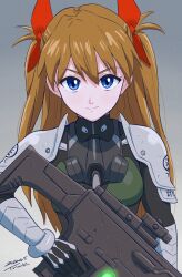 Rule 34 | 1girl, 2024, alternate costume, blue eyes, bodysuit, breasts, brown hair, cosplay, cosplay request, dated, hair ribbon, holding, holding weapon, kaijuu no. 8, long hair, looking at viewer, medium breasts, neon genesis evangelion, ribbon, signature, smile, solo, souryuu asuka langley, standing, tsunemoku, twintails, weapon