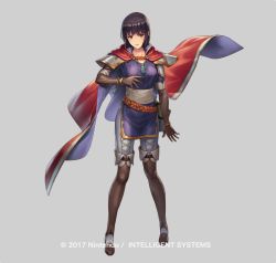 Rule 34 | 1girl, black hair, boots, bracelet, brown eyes, cape, company name, cuboon, fire emblem, fire emblem: thracia 776, fire emblem heroes, full body, gloves, grey background, jewelry, necklace, official art, olwen (fire emblem), simple background, solo