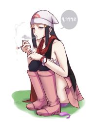 Rule 34 | 1girl, arm on knee, arm rest, bags under eyes, bare shoulders, beanie, black shirt, black socks, blowing smoke, blue hair, boots, cigarette, condom, creatures (company), dawn (pokemon), dildo, female focus, from side, full body, game freak, hair ornament, hairclip, half-closed eyes, hands up, hat, highres, holding, holding cigarette, knee boots, kneehighs, legs together, long hair, looking at viewer, nintendo, no panties, object insertion, pink footwear, pink skirt, pokedollar, pokemon, pokemon dppt, price, print headwear, pussy juice, red scarf, scarf, sex toy, shirt, simple background, skirt, sleeveless, sleeveless shirt, smoke, smoking, socks, solo, speech bubble, spoken number, squatting, tinnies, used condom, watch, white background, white hat, wristwatch