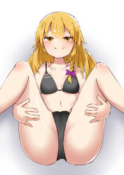 Rule 34 | 1girl, alternate costume, bikini, black bikini, blonde hair, blush, bow, braid, breasts, cameltoe, closed mouth, commentary request, cookie (touhou), derivative work, feet out of frame, hair between eyes, hair bow, highres, kirisame marisa, long hair, looking at viewer, purple bow, rei (cookie), side braid, single braid, small breasts, smile, solo, split mouth, spread legs, swimsuit, touhou, yellow eyes, yumekamaborosh