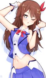 Rule 34 | 1girl, ;o, blue eyes, blue skirt, blue vest, blush, breasts, brown hair, cropped vest, hair ornament, highres, hololive, long hair, looking at viewer, ma draws, medium breasts, midriff, navel, one eye closed, open mouth, red ribbon, ribbon, shirt, skirt, solo, star-shaped pupils, star (symbol), star hair ornament, symbol-shaped pupils, tokino sora, tokino sora (1st costume), vest, virtual youtuber, white shirt