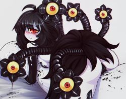 Rule 34 | 1girl, :&gt;, ahoge, ass, bad id, bad pixiv id, black hair, blush, cameltoe, colored sclera, commentary, commission, cyclops, extra eyes, gazer (monster girl encyclopedia), grey background, highres, looking at viewer, lying, mint chocolate, monster girl, monster girl encyclopedia, nude, hugging object, on stomach, one-eyed, pale skin, pillow, pillow hug, red eyes, simple background, slime (substance), slit pupils, smile, solo, spread legs, tail, tentacles, yellow sclera