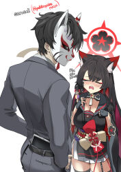 Rule 34 | 1boy, 1girl, animal ear fluff, animal ears, black kimono, blazingchaos, blue archive, blue archive the animation, breasts, cleavage, crying, english text, fingerless gloves, fox ears, fox girl, fox mask, gloves, halo, highres, japanese clothes, kimono, long hair, mask, red halo, sensei (blue archive), sensei (blue archive the animation), snot, tablet pc, wakamo (blue archive)