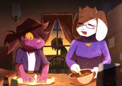 Rule 34 | 2girls, absurdres, animal ears, bowl, chair, closed eyes, colored skin, deltarune, dough, fridge, furry, furry female, glasses, goat, goat ears, goat girl, goat horns, hair over one eye, heart, heart necklace, highres, horns, jacket, jewelry, kitchen, kneading, kris (deltarune), light, long ears, looking at another, monster girl, mother and son, multiple girls, necklace, ponytail, purple skin, shirt, sleeves rolled up, smile, spoilers, susie (deltarune), sweater, table, teacher, toriel, turtleneck, turtleneck sweater, watawata22, white horns, white shirt, window, wooden chair, wooden table, yellow eyes