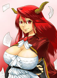 Rule 34 | 10s, 1girl, breast hold, breasts, bridal gauntlets, cape, cleavage, cleavage cutout, clothing cutout, crossed arms, demon girl, gamushiro (souren), gem, horns, huge breasts, long hair, maou (maoyuu), maoyuu maou yuusha, paper, red eyes, red hair, smile, solo