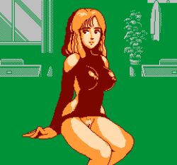 Rule 34 | 1girl, arm support, black dress, black eyes, breasts, brown hair, covered erect nipples, curtains, dress, large breasts, long hair, looking at viewer, mahjong g men, nichibutsu, no panties, pixel art, plant, potted plant, pussy, saiwai hiroshi, shirt, sitting, taut clothes, taut dress, window