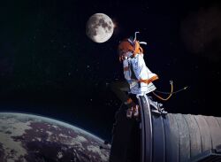 Rule 34 | 1girl, a.i. voice, adachi rei, belt, black pantyhose, black shirt, cable, closed mouth, commentary request, floating hair, gloves, grey skirt, hair ribbon, hand up, headlamp, highres, in orbit, long sleeves, looking at viewer, moon, one side up, orange belt, orange eyes, orange hair, pantyhose, planet, planet abyss (utau), ribbon, shirt, shoes, sidelighting, sitting, sitting on object, skirt, sky, smile, sneakers, solo, space, spacecraft, star (sky), starry sky, thrusters, turtleneck, utau, white gloves, white ribbon, wide shot, yamidya