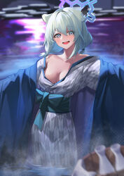Rule 34 | 1girl, absurdres, animal ears, bath yukata, blue archive, blurry, blush, breasts, collarbone, depth of field, green hair, halo, hanten (clothes), highres, japanese clothes, kimono, kuroja, looking at viewer, medium breasts, official alternate costume, onsen, outstretched arms, shigure (blue archive), shigure (hot spring) (blue archive), smile, solo, steam, tokkuri, wading, weasel ears, yukata