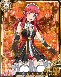 Rule 34 | 10s, 1girl, brown eyes, brown gloves, card (medium), gloves, headdress, long hair, looking at viewer, open mouth, pointy ears, rain (sao), red hair, red shorts, short shorts, shorts, solo, star (symbol), sword art online, thighhighs, white thighhighs