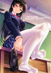 Rule 34 | 1girl, absurdres, black hair, black jacket, blazer, blue eyes, blunt bangs, blush, bow, bowtie, braid, breasts, classroom, cle masahiro, closed mouth, desk, eyelashes, feet, french braid, from below, grey skirt, hair ornament, hairclip, highres, huge filesize, indoors, jacket, legs, loafers, long hair, looking at viewer, looking down, medium breasts, nijisanji, panties, pink bow, pink bowtie, plaid, plaid skirt, pleated skirt, scan, school, shoes, sitting, skirt, smile, soles, solo, thighhighs, thighs, translated, tsukino mito, tsukino mito (1st costume), tsurime, underwear, unworn shoes, virtual youtuber, white panties, white thighhighs