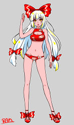 Rule 34 | 1girl, :o, adapted costume, alternate costume, arm at side, artist name, bikini, bow, cleavage cutout, clothing cutout, cross-laced footwear, eyebrows, fujiwara no mokou, full body, grey background, groin, hair bow, hand up, lam (ramdayo), legs apart, long hair, long legs, low-tied long hair, navel, red bikini, red bow, red eyes, red footwear, shoes, signature, simple background, solo, standing, swimsuit, thighhighs, touhou, very long hair, white hair