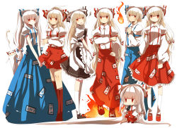 Rule 34 | 6+girls, alternate color, alternate costume, alternate hairstyle, androgynous, annoyed, apron, bad id, bad pixiv id, bow, chibi, crossed arms, dress, dual persona, enmaided, female focus, fire, fujiwara no mokou, hair bow, hair ornament, kmkr, long hair, maid, maid apron, mary janes, multiple girls, ponytail, red eyes, reverse trap, shoes, short hair, shorts, skirt, suspenders, thighhighs, touhou, twintails, white hair, zettai ryouiki