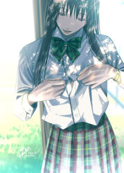 Rule 34 | 1girl, black hair, bow, bowtie, buttons, collared shirt, commentary request, cowboy shot, day, facing down, green bow, green bowtie, green skirt, lips, long hair, long sleeves, multicolored shirt, open mouth, opened by self, original, outdoors, pink lips, pixiv id, plaid, plaid bow, plaid skirt, pleated skirt, school uniform, shadow, shirt, signature, skirt, solo, sunlight, watch, white shirt, wristwatch, zxlai
