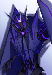 Rule 34 | 1boy, bad id, bad pixiv id, decepticon, glowing, highres, horns, looking at viewer, male focus, mecha, no humans, robot, simple background, solo, soundwave (transformers), standing, transformers, transformers prime, upper body, white background