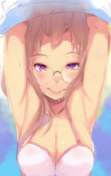 Rule 34 | armpits, arms up, blush, bra, breasts, brown hair, denizen tomo, glasses, large breasts, naughty face, original, purple eyes, smile, steam, sweat, underwear