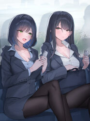 Rule 34 | 2girls, black hair, black pantyhose, blazer, blue jacket, blue shirt, blush, breasts, cellphone, cleavage, collarbone, crossed legs, feet out of frame, highres, holding, holding phone, jacket, large breasts, multiple girls, office lady, open collar, original, pantyhose, phone, reflection, shirt, shougun (chuckni1), sitting, smile, white shirt