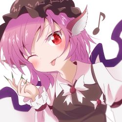 Rule 34 | 1girl, animal ears, bird ears, bird wings, blush, brown dress, brown headwear, closed mouth, dress, eighth note, fingernails, frilled sleeves, frills, green nails, highres, juliet sleeves, long fingernails, long sleeves, musical note, mystia lorelei, nail polish, one eye closed, philip (n1k2-j), pink hair, puffy sleeves, red eyes, sharp fingernails, short hair, simple background, smile, solo, tongue, tongue out, touhou, upper body, white background, white wings, winged hat, wings