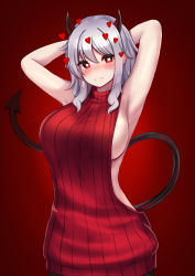 Rule 34 | 1girl, absurdres, armpits, arms behind head, arms up, backless outfit, blush, breasts, bright pupils, closed eyes, demon girl, demon horns, demon tail, frown, gradient background, heart, heart-shaped pupils, helltaker, highres, horns, kanta (kanta 077), large breasts, looking at viewer, meme attire, modeus (helltaker), no bra, nose blush, pantyhose, red background, red eyes, red sweater, short hair, sideboob, sidelocks, silver hair, sleeveless, solo, sweater, symbol-shaped pupils, tail, virgin killer sweater