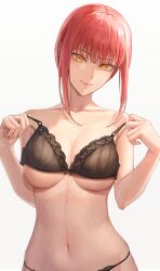 Rule 34 | 1girl, absurdres, ano (gccx8784), black bra, black panties, bra, breasts, chainsaw man, collarbone, highres, lace, lace-trimmed bra, lace trim, linea alba, looking at viewer, makima (chainsaw man), medium breasts, navel, panties, red hair, ringed eyes, sidelocks, simple background, skindentation, smile, solo, stomach, underboob, underwear, underwear only, white background, yellow eyes