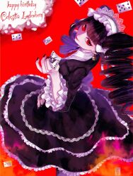 Rule 34 | 1girl, black hair, black nails, black skirt, blunt bangs, bonnet, card, celestia ludenberg, character name, danganronpa: trigger happy havoc, danganronpa (series), drill hair, earrings, frills, gothic lolita, happy birthday, highres, holding, holding card, jacket, jewelry, lace, lace-trimmed skirt, lace trim, layered skirt, lolita fashion, long hair, long sleeves, looking at viewer, nail polish, necktie, playing card, red background, red eyes, red lips, red necktie, ru na, shirt, skirt, smile, solo, twin drills, twintails