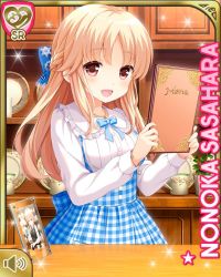 Rule 34 | 1girl, :d, apron, blue bow, blue dress, bow, bowtie, breasts, brown eyes, cafe, card (medium), checkered apron, checkered clothes, counter, dress, girlfriend (kari), indoors, large breasts, light brown hair, long hair, looking at viewer, official art, open mouth, qp:flapper, sasahara nonoka, shirt, smile, standing, tagme, waitress, white shirt, wooden floor